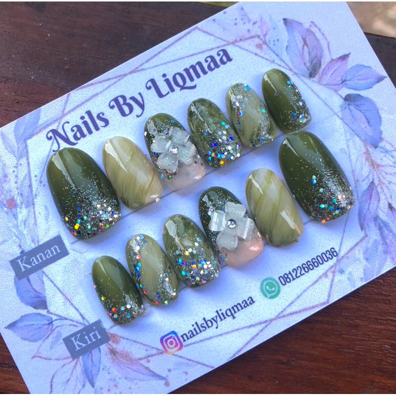 KUKU PALSU ARMY BUNGA /  KUKU PALSU WEDDING / NAIL ART ARMY / NAIL ART HIJAU