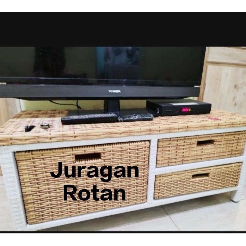(Ready stok) Meja TV Rotan Sintetis Rak Laci 3 Rak Buku susun
