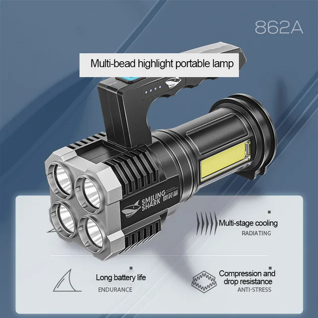 Jualan Grosir - Senter Gagang L-S09 LED 4 Mata 48W + 20W Lampu COB / Hand Torch LED Super Bright / 4