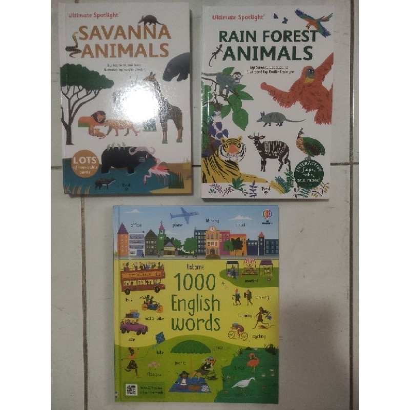 TERMURAH NEW BUKU USBORNE 1000 ENGLISH WORDS DAN NEW ULTIMATE SPOTLIGHT RAIN FOREST ANIMALS DAN ULTI