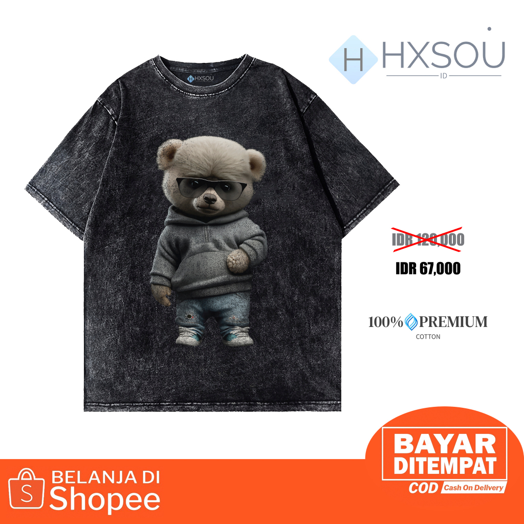 Hxsou T-shirt Oversize Unisex Washed / Baju Kaos Oversize Wash Bear C18