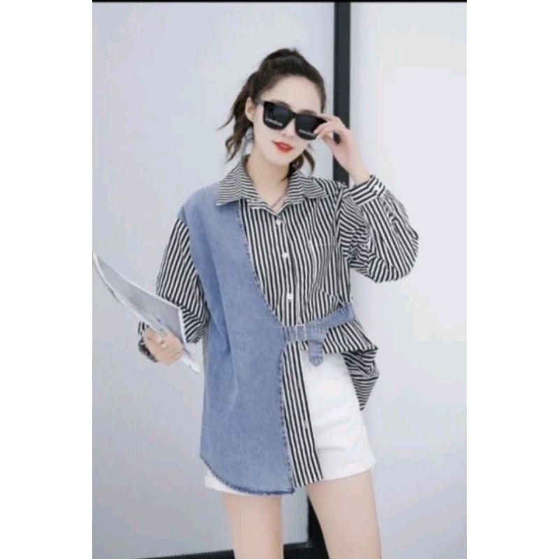 Kemeja wanita mix jeans import premium