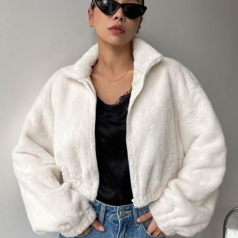 Jaket Sweater Teddy Bear Sherpa Crop Uniqlo Crop Bulu Wanita