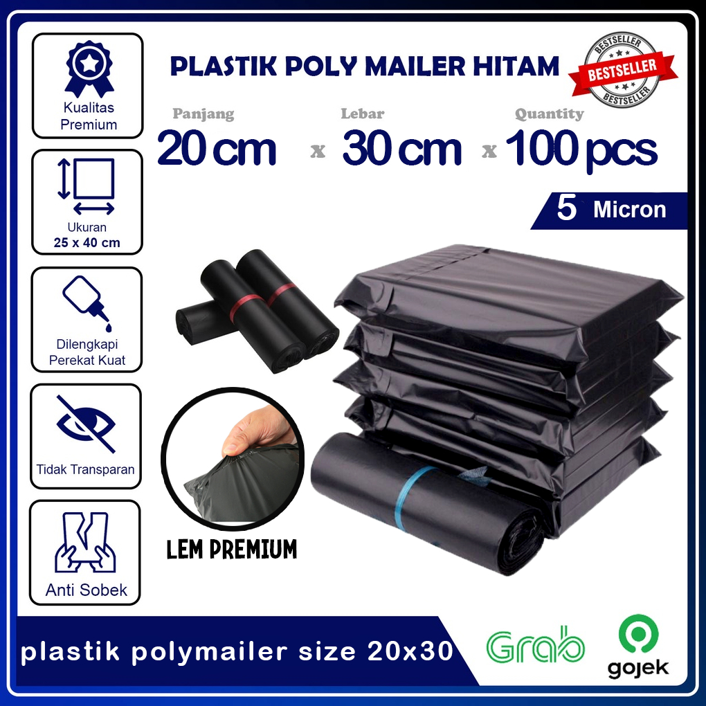 

Polymailer Hitam Glossy Uk 20x30 tebal 5 micron /100pcs - plastik online shop - plastik lem hitam glossy - lem premium