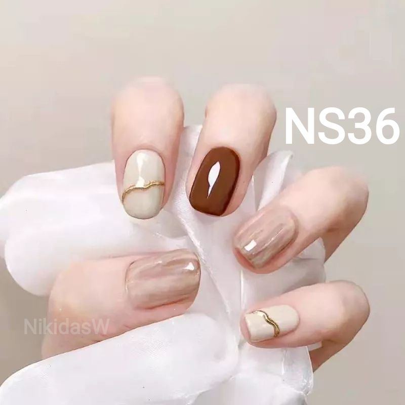 Kuku Palsu 24pcs/(FREE LEM)Set Instant Nail Art Warna Nude Coklat Marmer | NS36