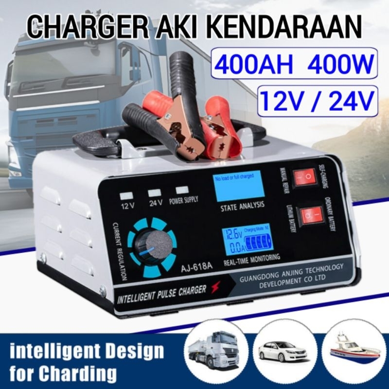 Charger Aki Mobil Motor Cas Aki Otomatis 400AH 400W 12V/24V Automatic Battery Charger AJ-618A