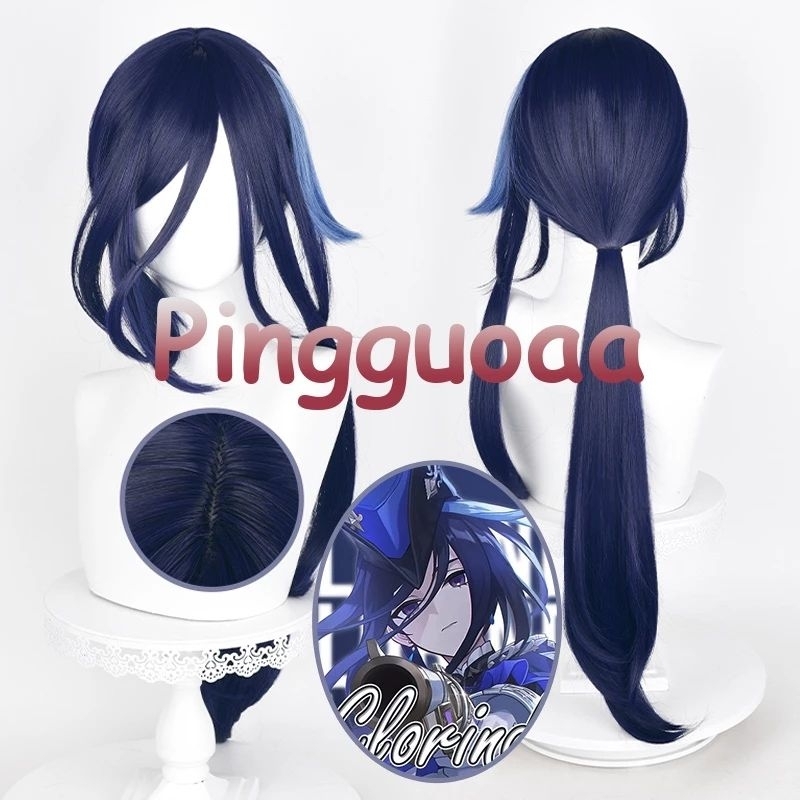Wig + Hard Styling Fontaine Clorinde Cosplay Wig 80cm Long Blue Highlights Wigs Heat Resistant Synth
