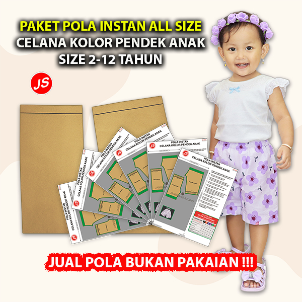 Paket Pola Instan All Size Celana Kolor Pendek Anak | Pola Semua Ukuran 2-12 Tahun