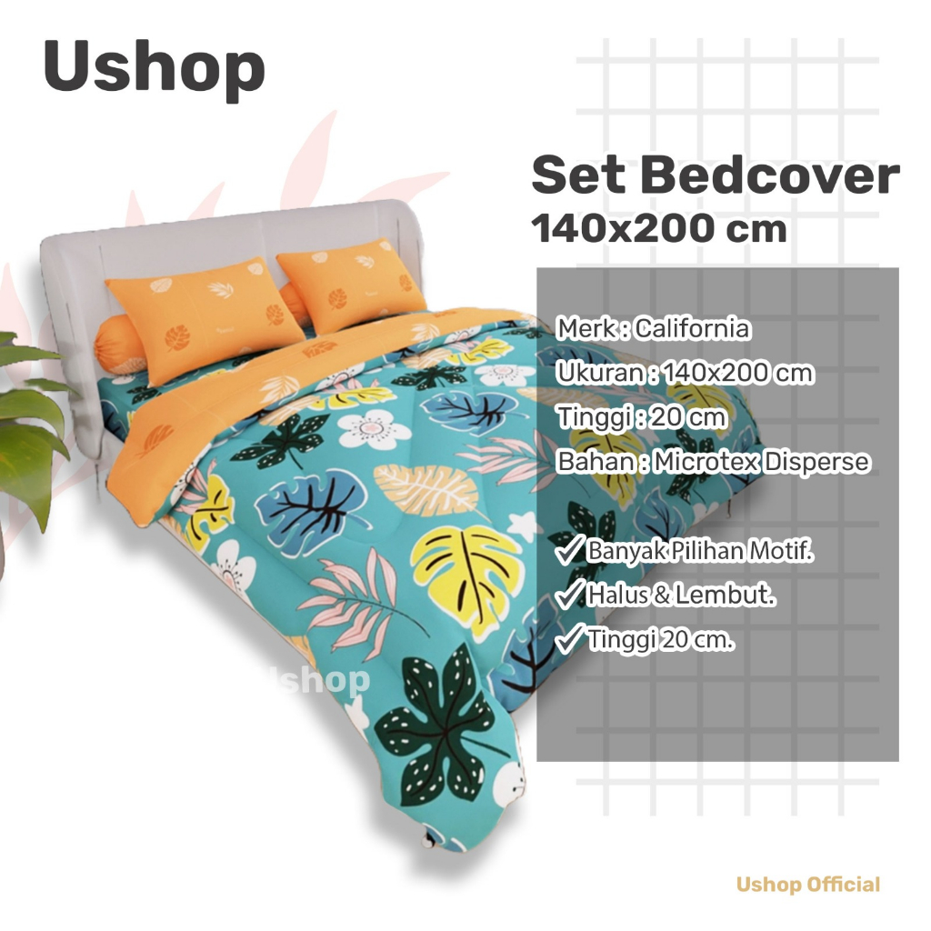 California Set Bedcover + Sprei 140x200 Tinggi 20 Cm -  Bahan Lembut & Tidak Luntur BC140CLF USHOP