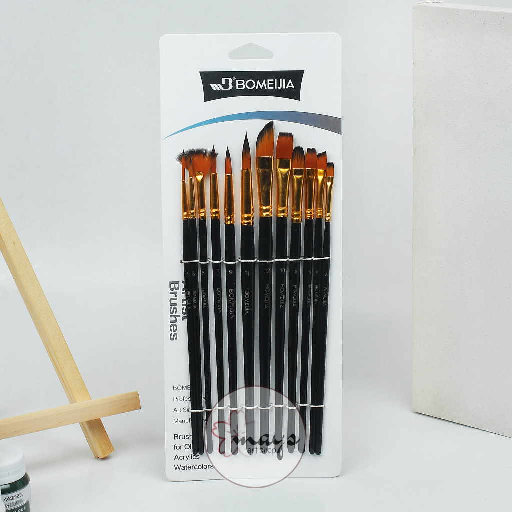 

[12 Pcs] Kuas Lukis Set Isi 12 Pcs - Premium Quality Artist Paint Brush - Kipas Fan Flat Round Angular Lancip Acrylic Oil Watercolor