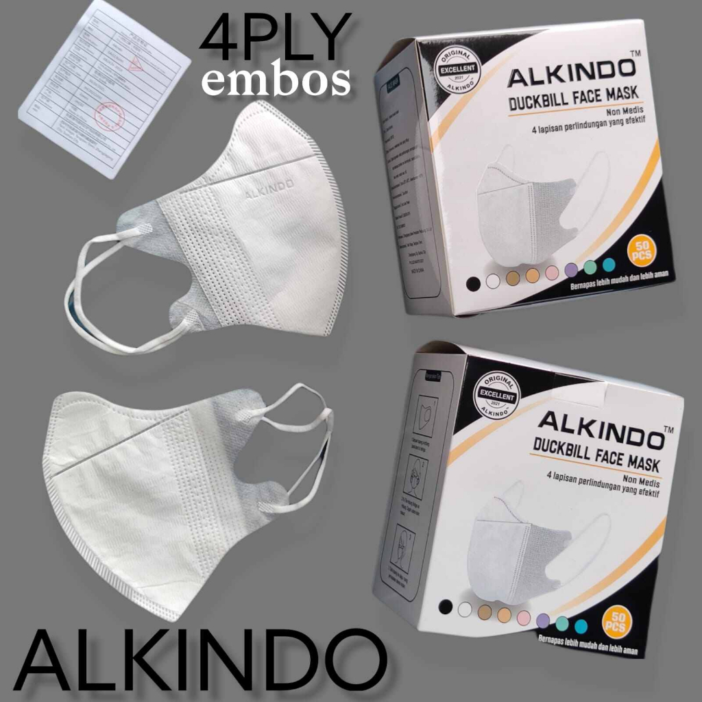MASKER DUCKBILL ALKINDO EMBOZ 1BOX ISI 50PCS 4PLY 3D PUTIH HITAM MARK ALKINDO MURAH