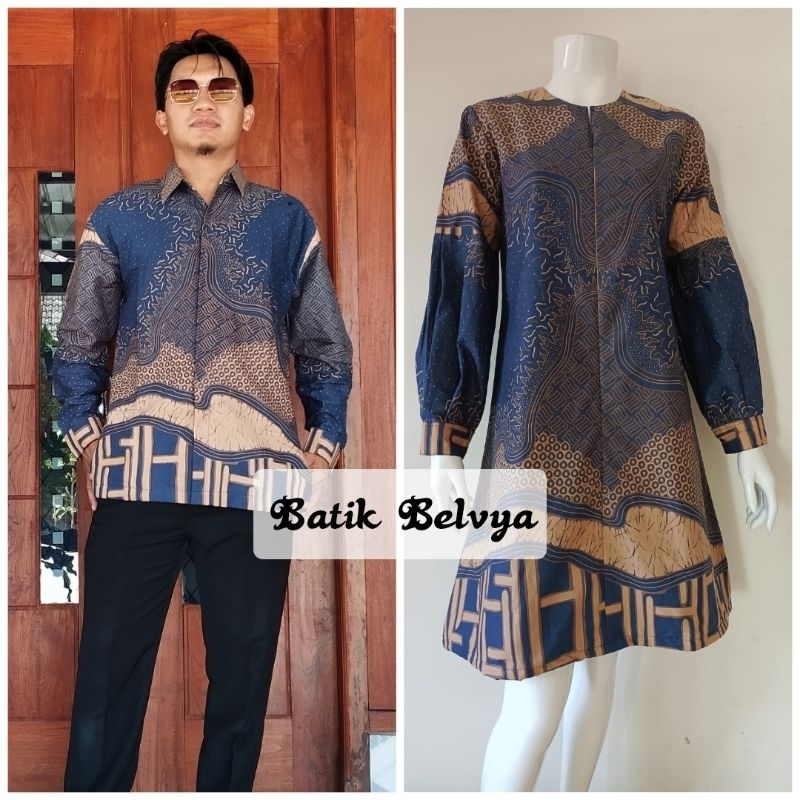 Setelan couple batik Ola kemeja batik lengan panjang full furing tunik lapis dalam trikot batik solo