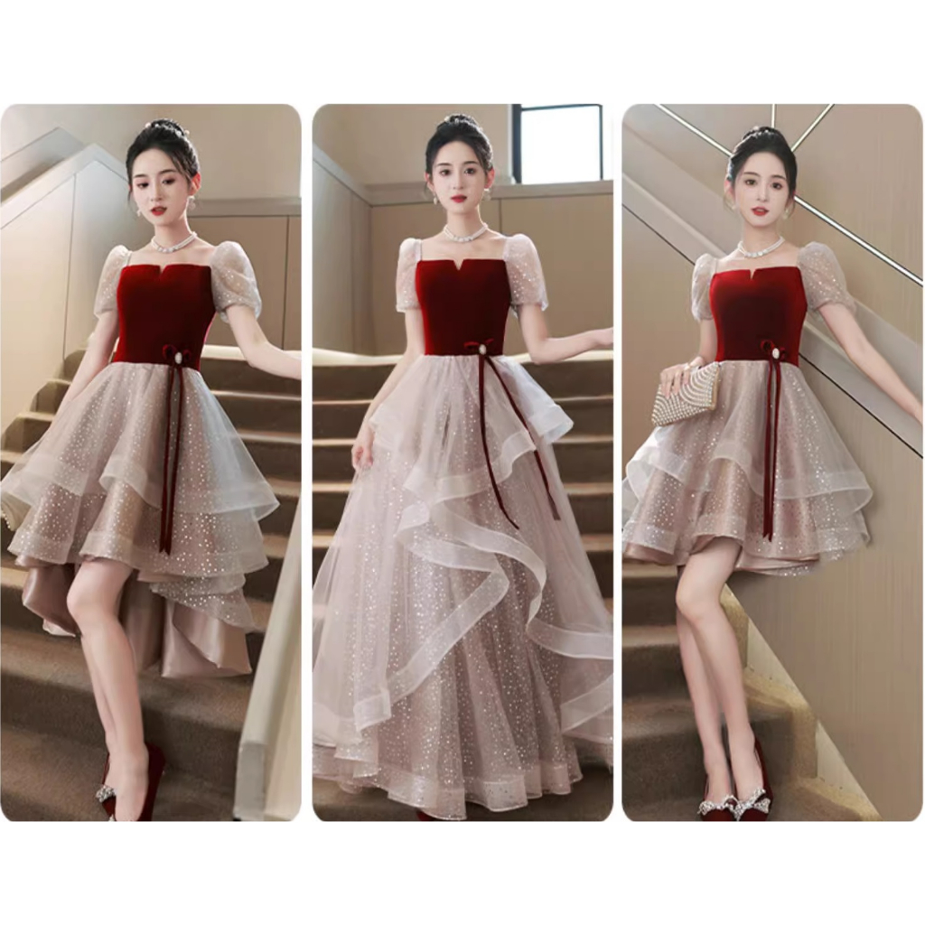 Gaun Pesta 2310001 Merah Hitam Lengan Pendek Party Dress