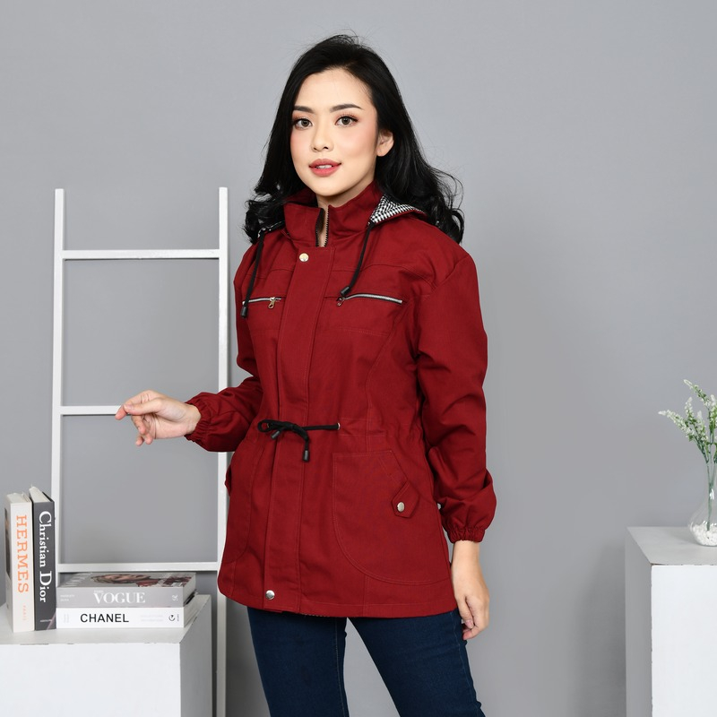 Jaket Parka Wanita Korean Style Merah Marun Polos Musim Dingin Slim-fitting Santai