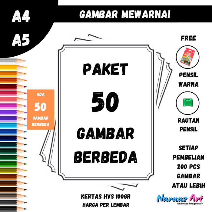 

Gambar Mewarnai Paket 50 Gambar Berbeda Gambar Sketsa Bukan Buku TK PAUD SD Kertas HVS 100gsm