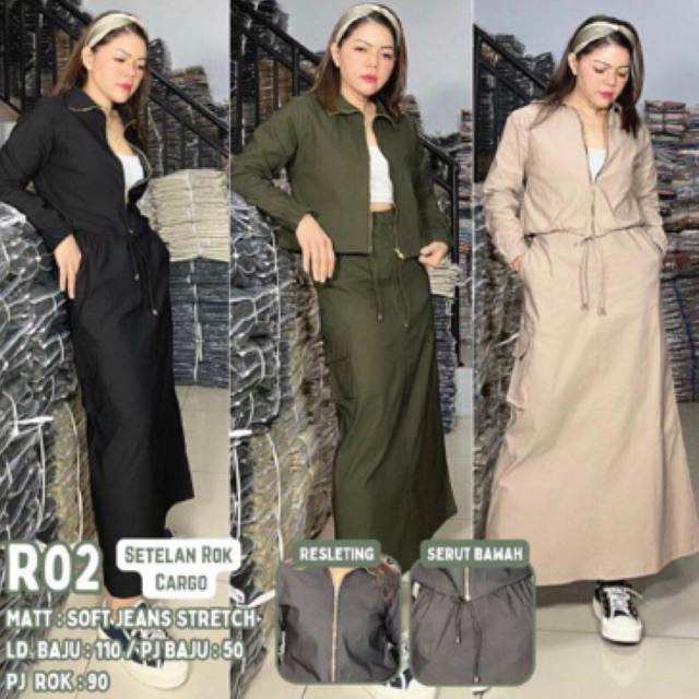 Birxin Serut OneSet Bomber Jaket dan Rok Cargo - Setelan Wanita Import Korean Style Lengan panjang P