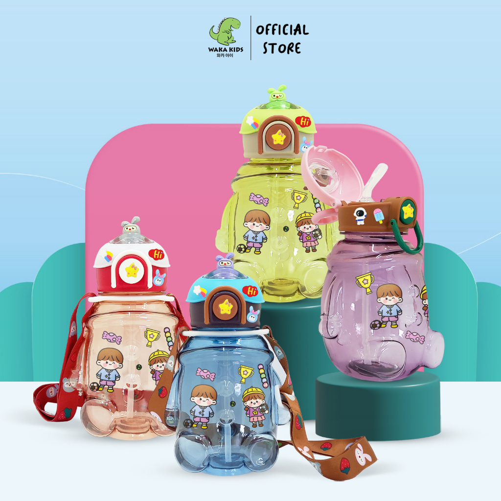 Wakakids Botol Minum Anak Plastik Model Boneka dengan Sedotan dan Tali Panjang Free Sticker Lucu 2D 