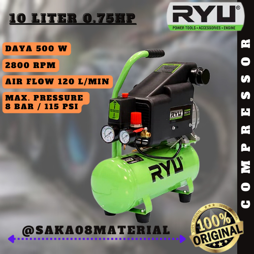 JUAL KOMPRESOR ANGIN LISTRIK 10 LITER 0.75 HP TIPE RCP75-1 RYU ORIGINAL TERBARU / AIR COMPRESSOR 10L