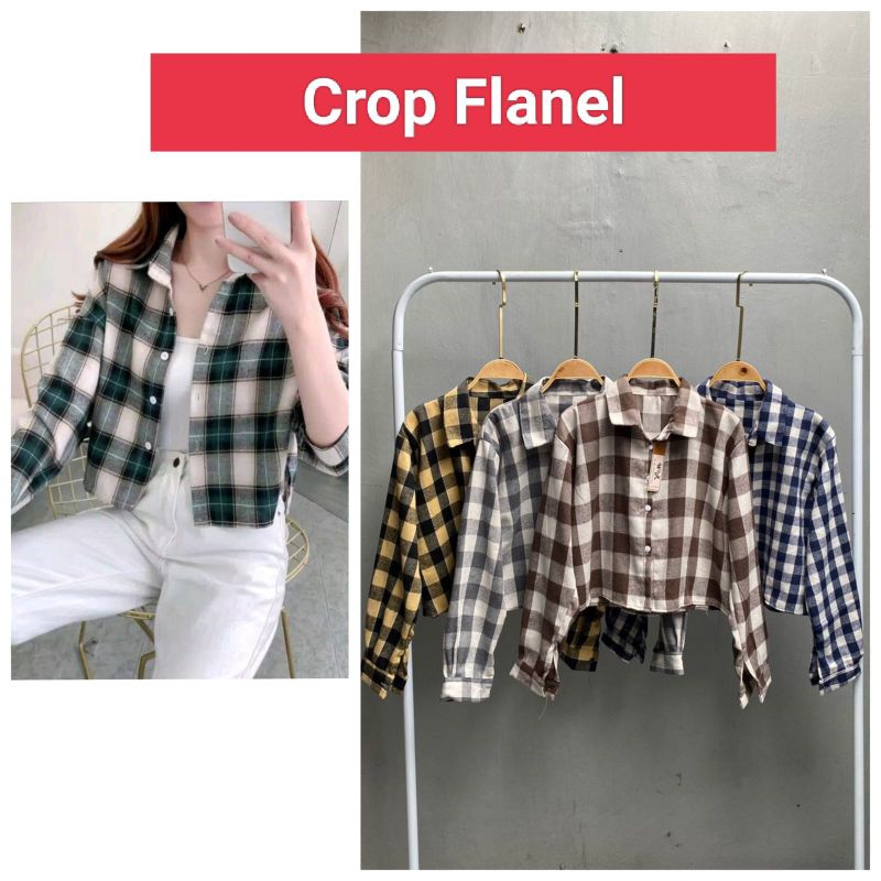 ATASAN CROP FLANNEL WANITA KOTAK Baju Busui Kancing Kerah Panjang Casual