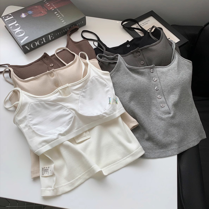 LNR Shop Tank Top Bra with Cup Busa Premium Tanpa Kawat untuk Wanita Dengan 5 Kacing Depan Tali Keci