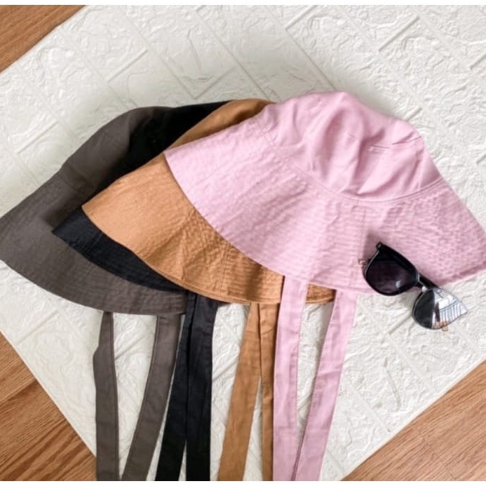 Topi Wide Bucket Hat Wanita Tali Polos Korean Style Topi Pantai Kekinian