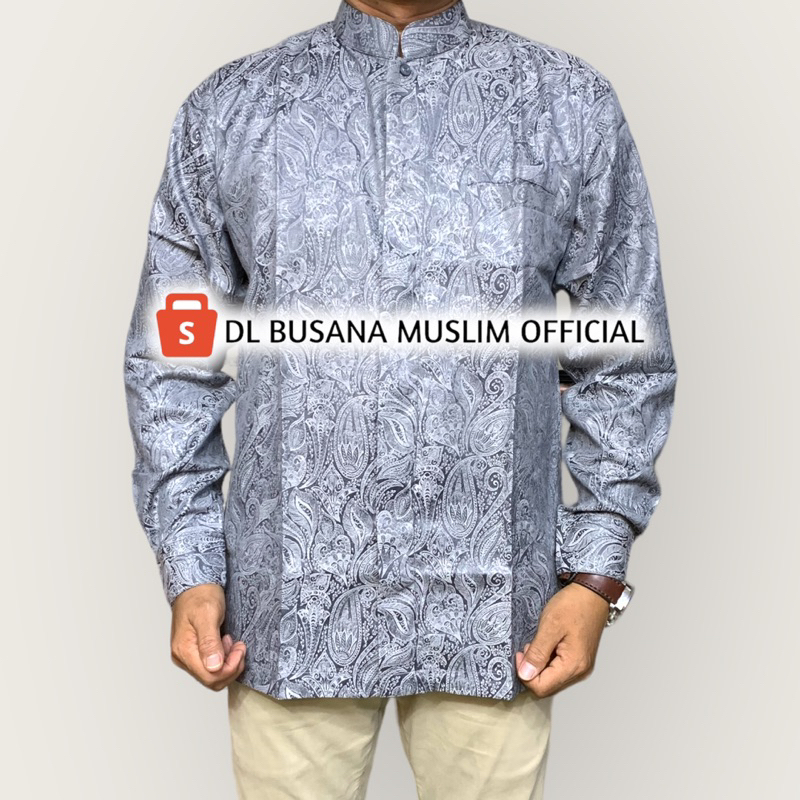 Kemeja Koko Pria,Baju Koko DL Motif Bunga Batik Warna Abu, Kemeja Koko Pria DL, Baju Muslim Pria, Mo