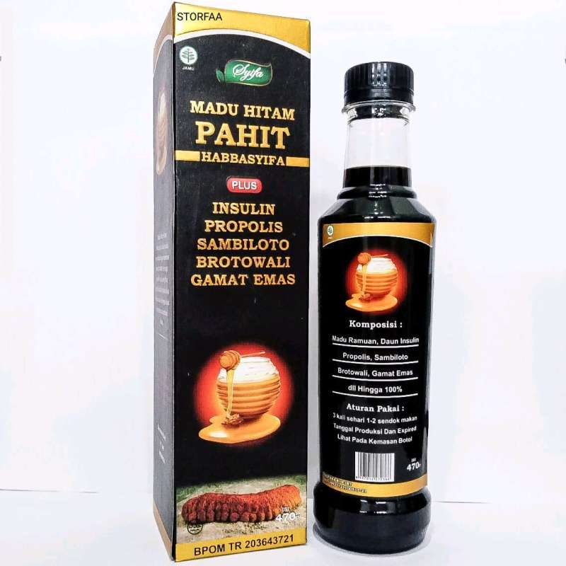 

Madu Ramuan Hitam Pahit Insuline Propolis Sambiloto Habbatusauda Brotowali Habbasyifa / MHP 470gr