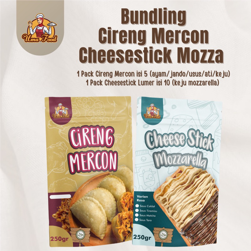 

1 PACK CHEESESTICK MOZZARELLA 1 PACK CIRENG MERCON ISI AYAM JANDO ATI USUS KEJU / KEJU AROMA LUMER COKLAT / CIRENG VIRAL BANDUNG / CIRENG ISI AYAM PEDAS UMAFOOD BANDUNG