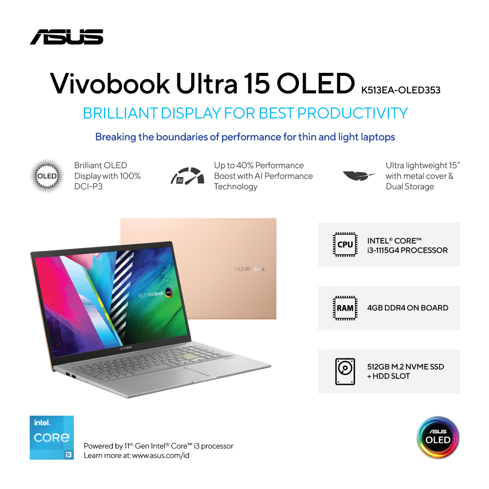 [FREE MOUSE] Asus VivoBook Ultra 15 OLED (K513) K513EA-OLED553 (Intel® Core™ i5-1135G7/4GB+ 4GB/512G