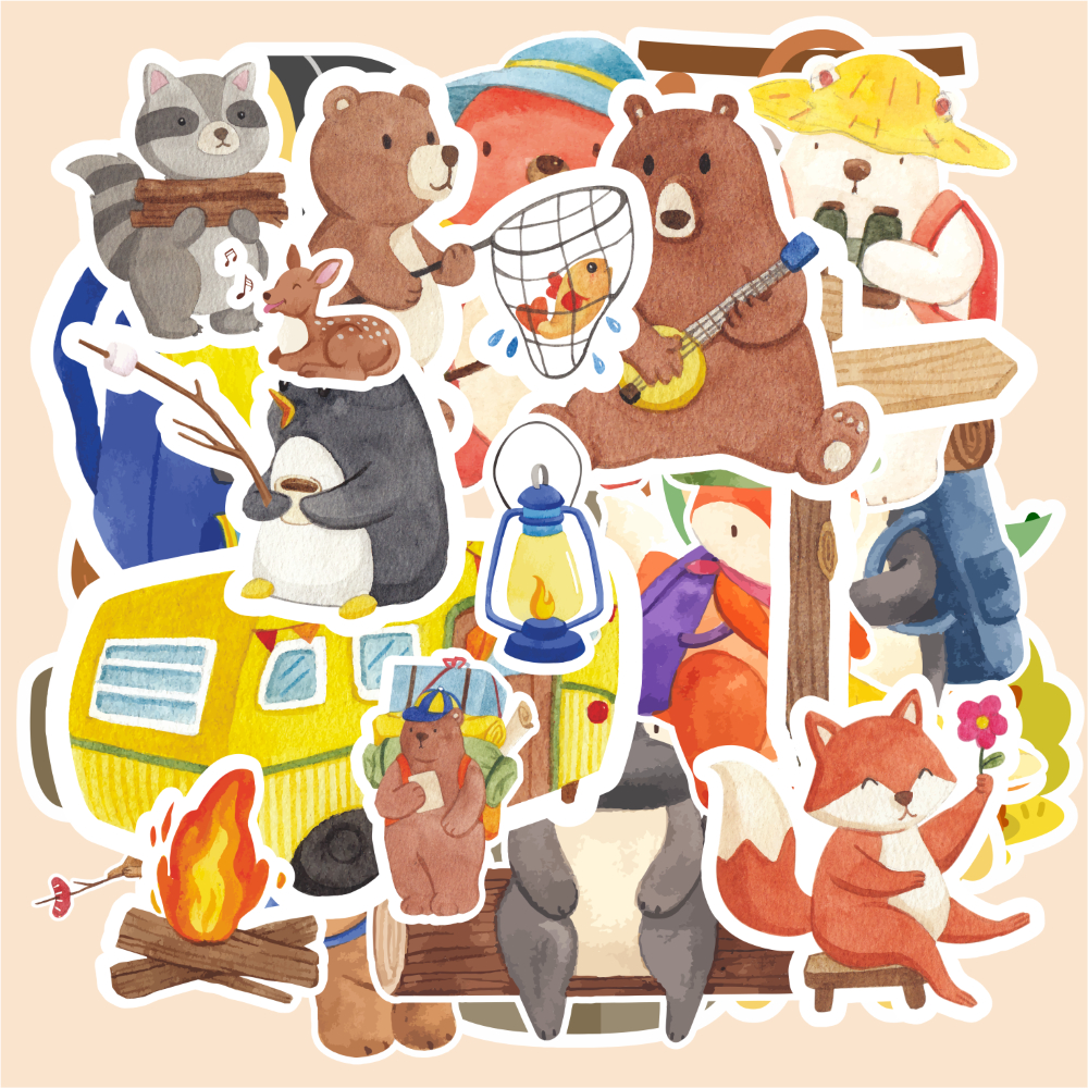 

( 20 pcs )murah stiker label satuan tema WATERCOLOR CAMPING ANIMAL