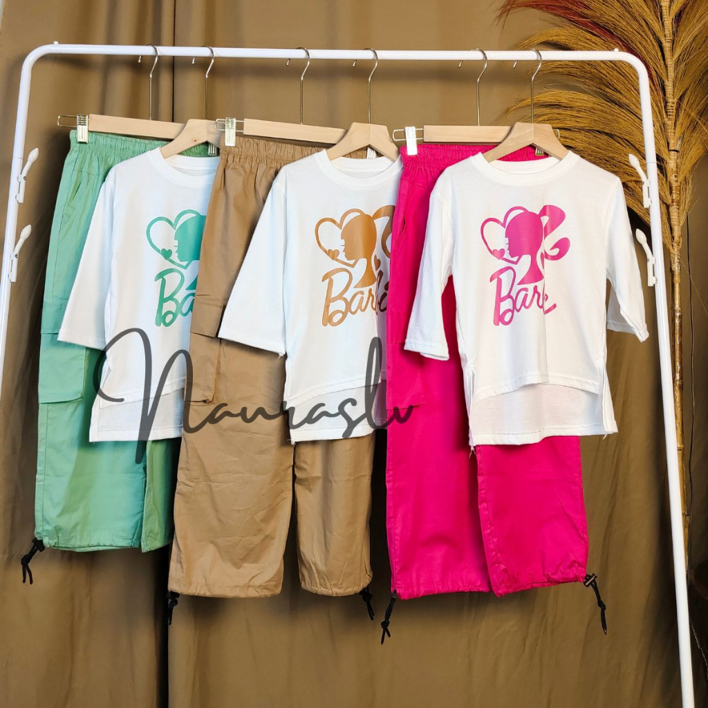 setelan anak kaos dan celana cargo panjang anak motif barbie oneset cargo usia 3-12tahun