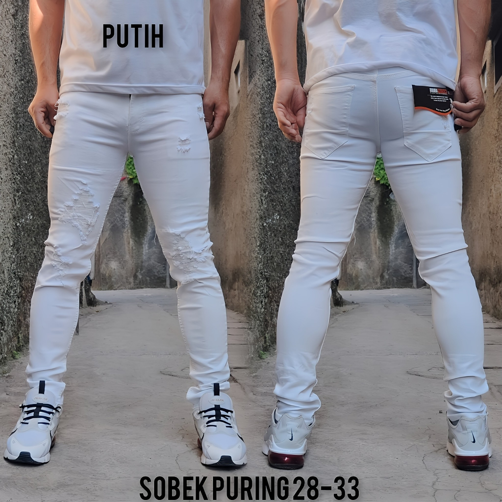 Celana Jeans Putih Panjang Polos Sobek Puring Pria