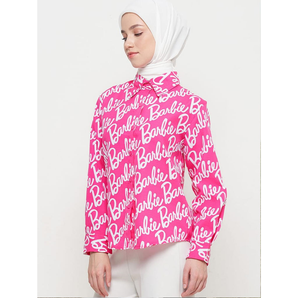 Baju Atasan Wanita Terbaru Kemeja Motif Barbie Blouse Korean Style Formal Remaja Oversize