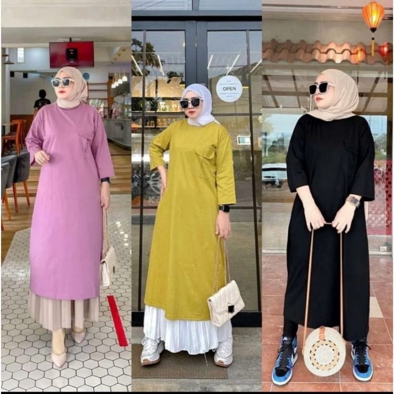 MIDI KAOS SAKU POLOS | TUNIK KAOS POLOS | Dress kaos polos