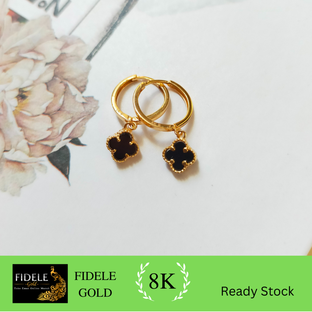 Anting Vancleef Hitam emas asli cantik elegant emas muda 375
