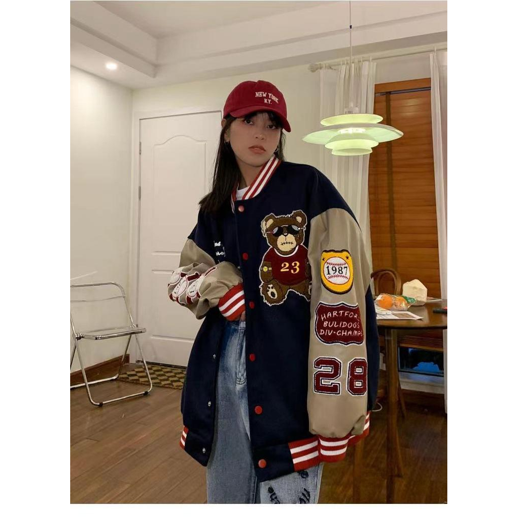 JAKET VARSITY WANITA OVERSIZE - BEAR EMBRIODERY BASEBALL JACKET - STREET KOREAN STYLE TERBARU