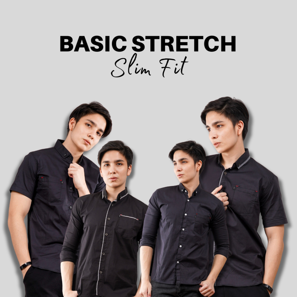 KYBOST BASIC STRETCH Kemeja Hitam Polos Pria Mens Lengan Panjang dan Pendek Katun Stretch