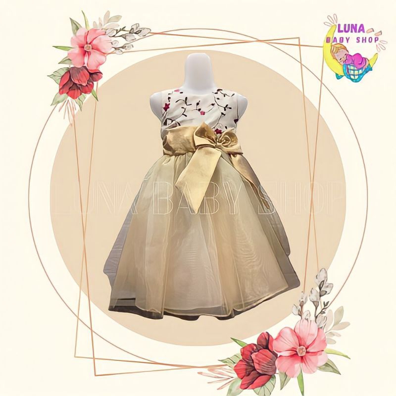 Dress Pesta Krem Pita Emas import Anak