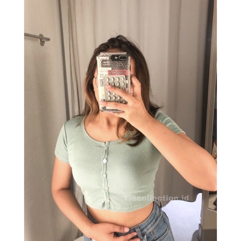 Crop Rib Kancing Lengan Pendek Premium / atasan crop top sweater crop top kancing