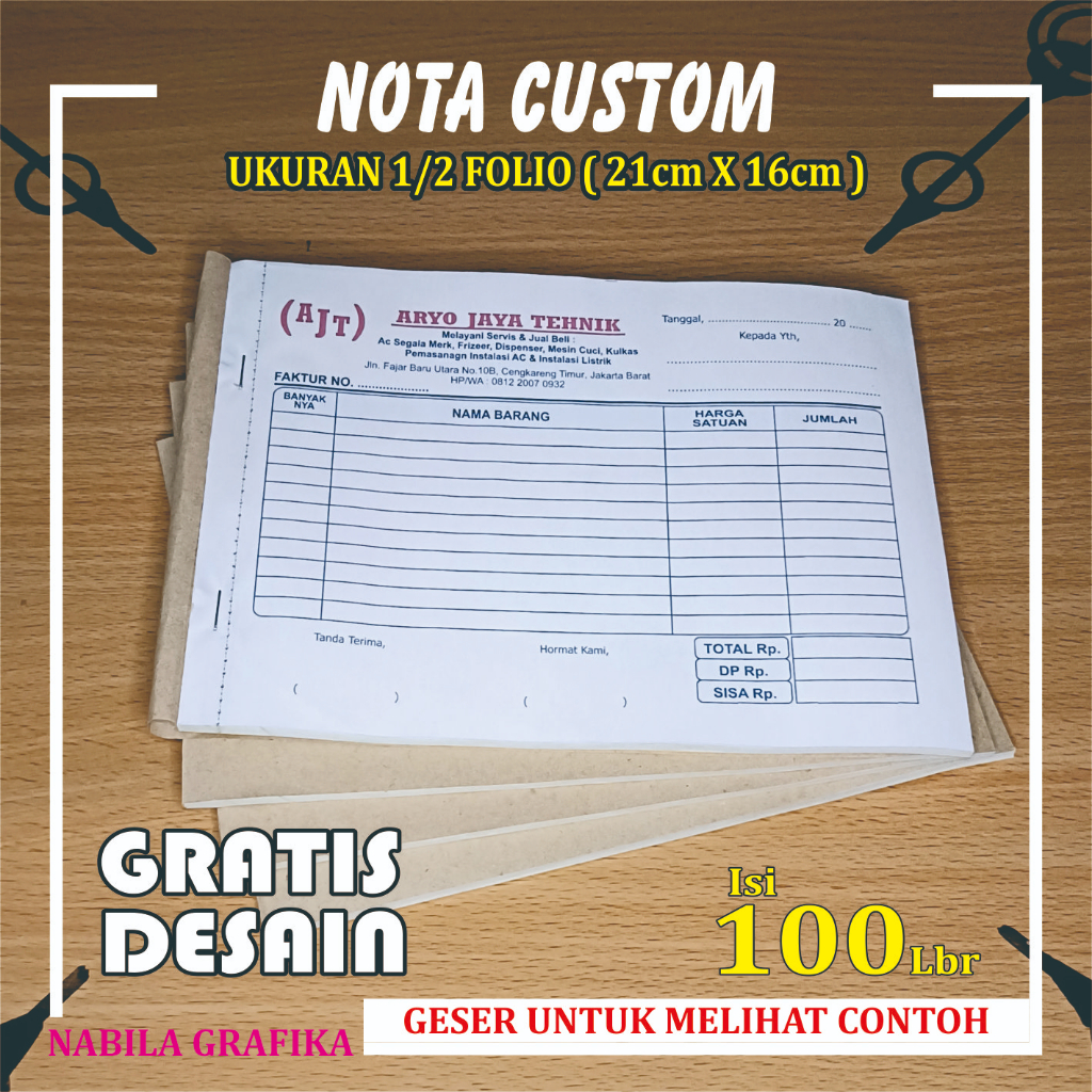 

Nota 1/2 folio 2 ply isi 100 lembar custom nama toko usaha sendiri free desain