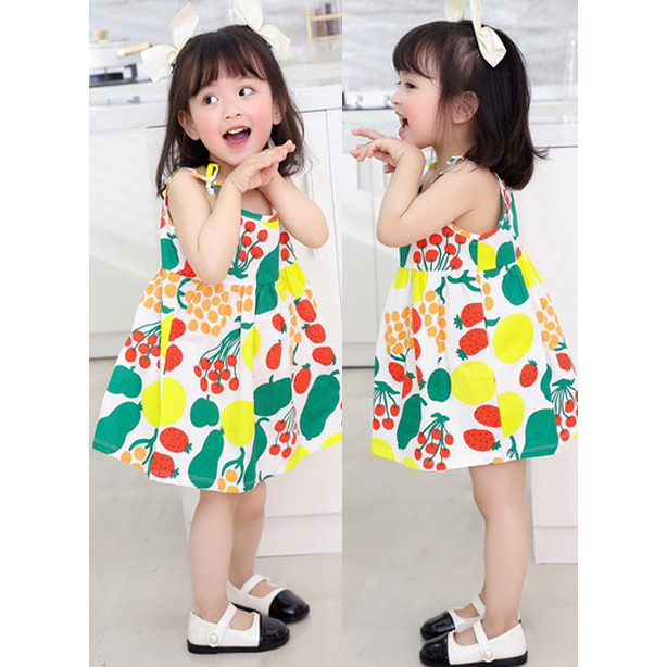 DRESS ANAK PEREMPUAN RUFFLE MODEL TALI KECIL KEKINIAN MOTIF RANDOM