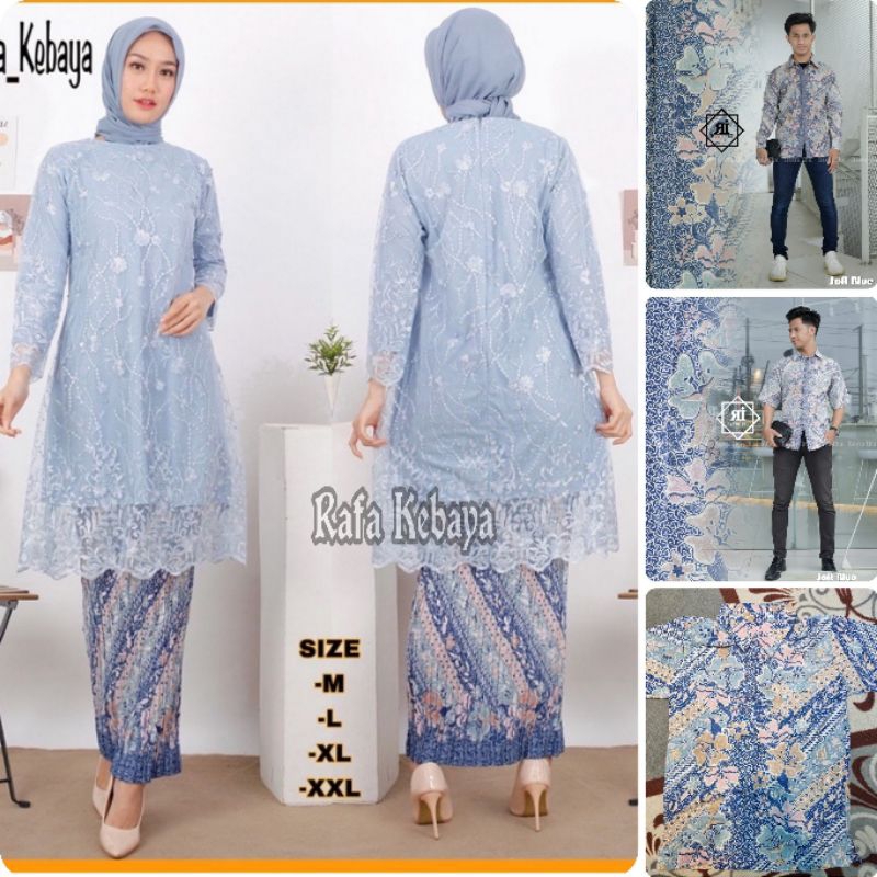 Kebaya Couple Tunik Tulle Baby blue / Couple Kebaya Wisuda/ Baju batik Couple motif Soft Blue
