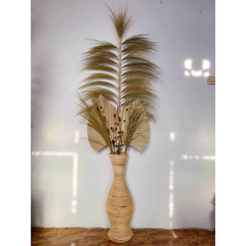 BUNGA KERING PAKET DEKORASI JUMBO DAUN PALEM DAN VAS ROTAN 70 cm