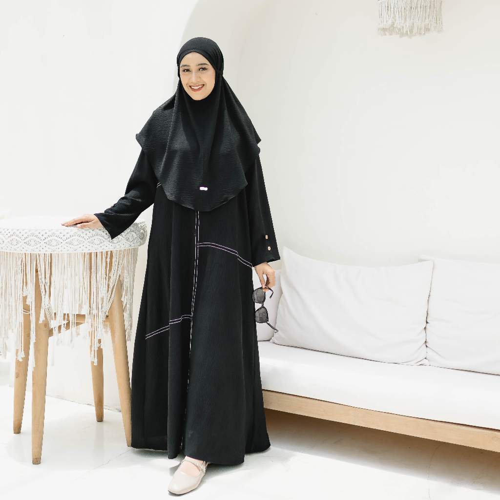 Naisha Official Kanaya Abaya Set Umroh Crinkle Sudah Dapat Gamis dan Jilbab-Black