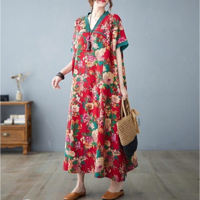 84004 Pakaian maxi long loose lose daster dres dress leher vi neck koreanlook koreanstyle Premium im