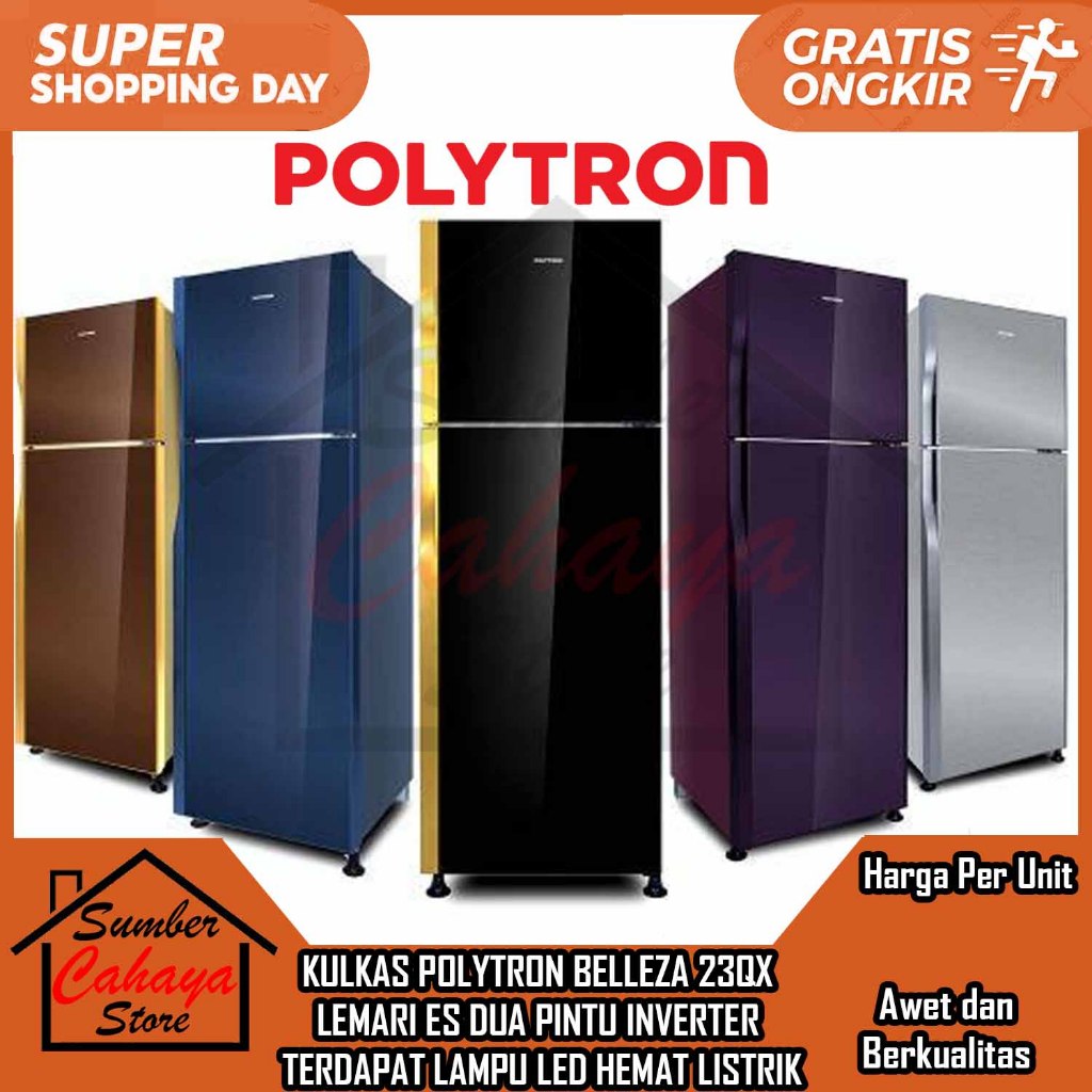 [Kargo] KULKAS POLYTRON BELLEZA JUMBO 2 PINTU 220 LITER 23QX LEMARI ES DUA PINTU INVERTER PENDINGIN 