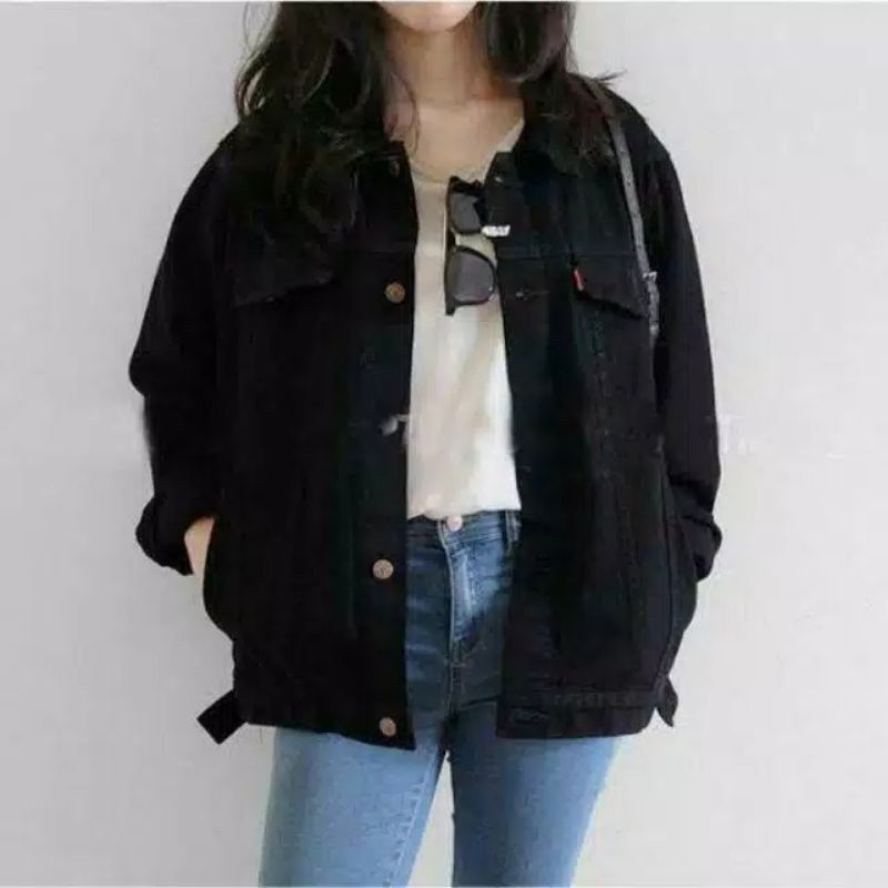 JAKET JEANS CEWEK OVERSIZE JAket Levis hitam pekat Jaket Jeans Jaket cewek Bisa COD