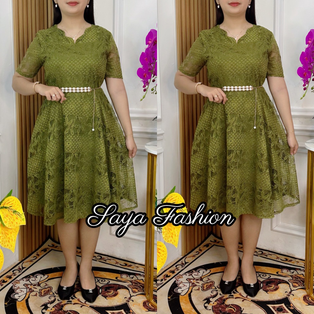 Dress Brukat Polos Non Gliter Free Belt Mutiara Gaun Pesta Kondangan Mewah 5150