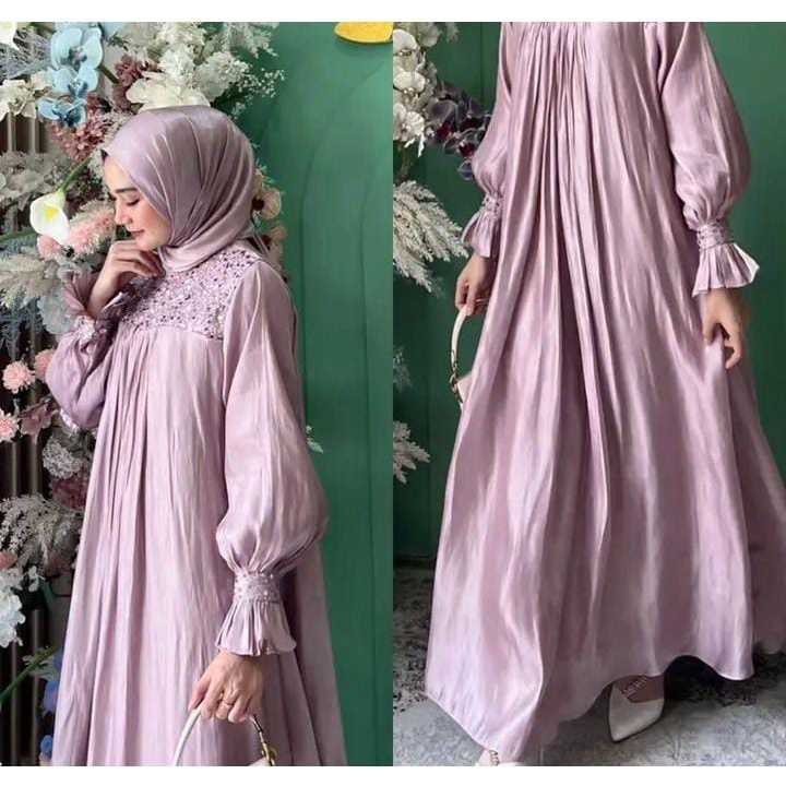 Gamis Dress Muslim Wanita Bahan Santorini Shimer Mix Tile Sequin Baju Dress Model Kekinian