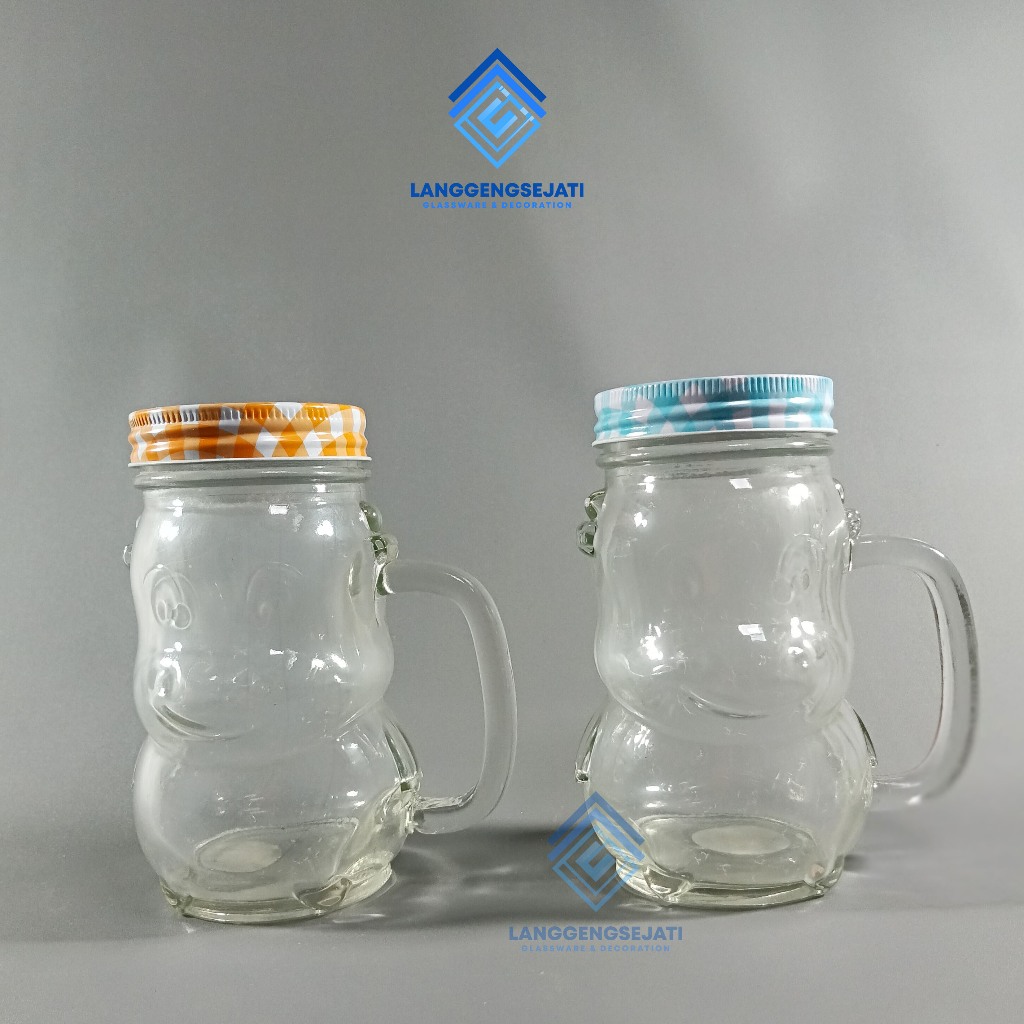 DRINKING JAR KACA KARAKTER + TUTUP STAINLES / GELAS JAR UNIK / GELAS JAR